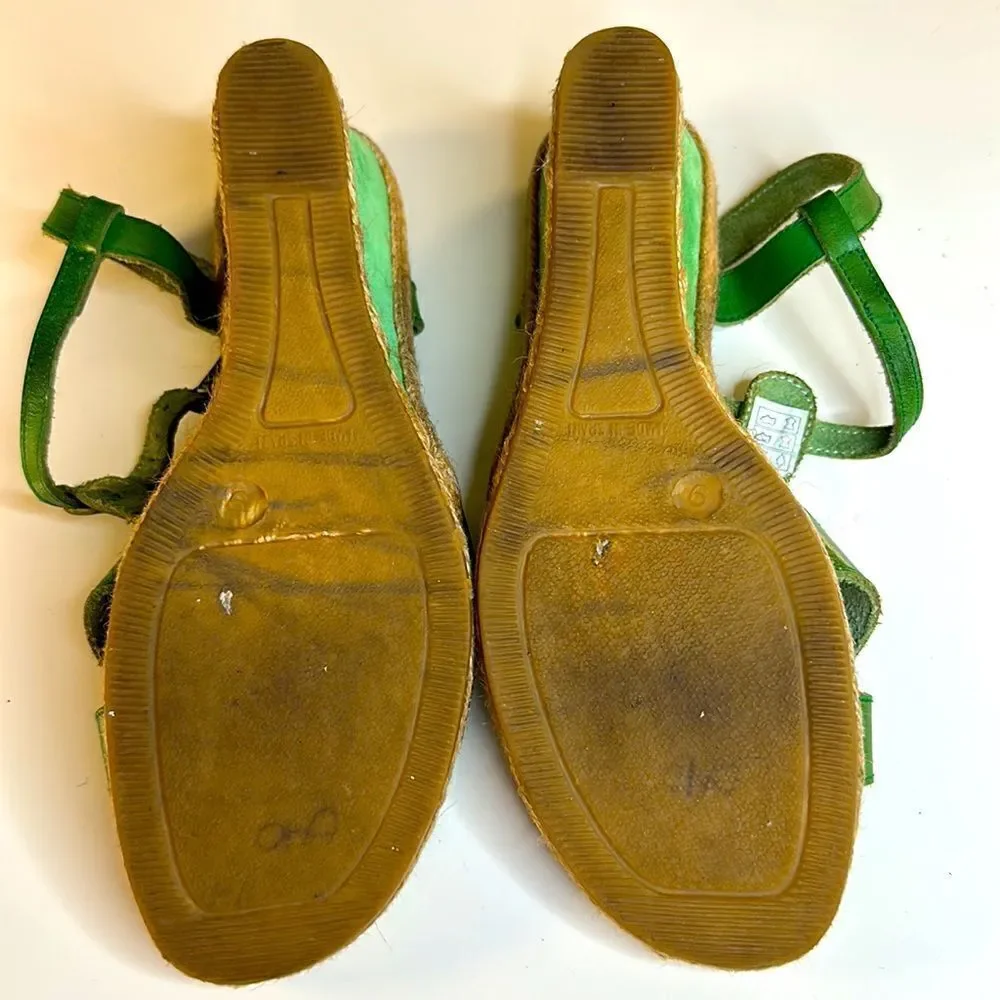 Marina Luna Vintage Green Leather T-Strap Espadrille